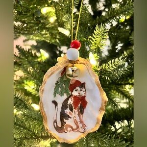 Festive Cat Oyster Shell Holiday Ornament